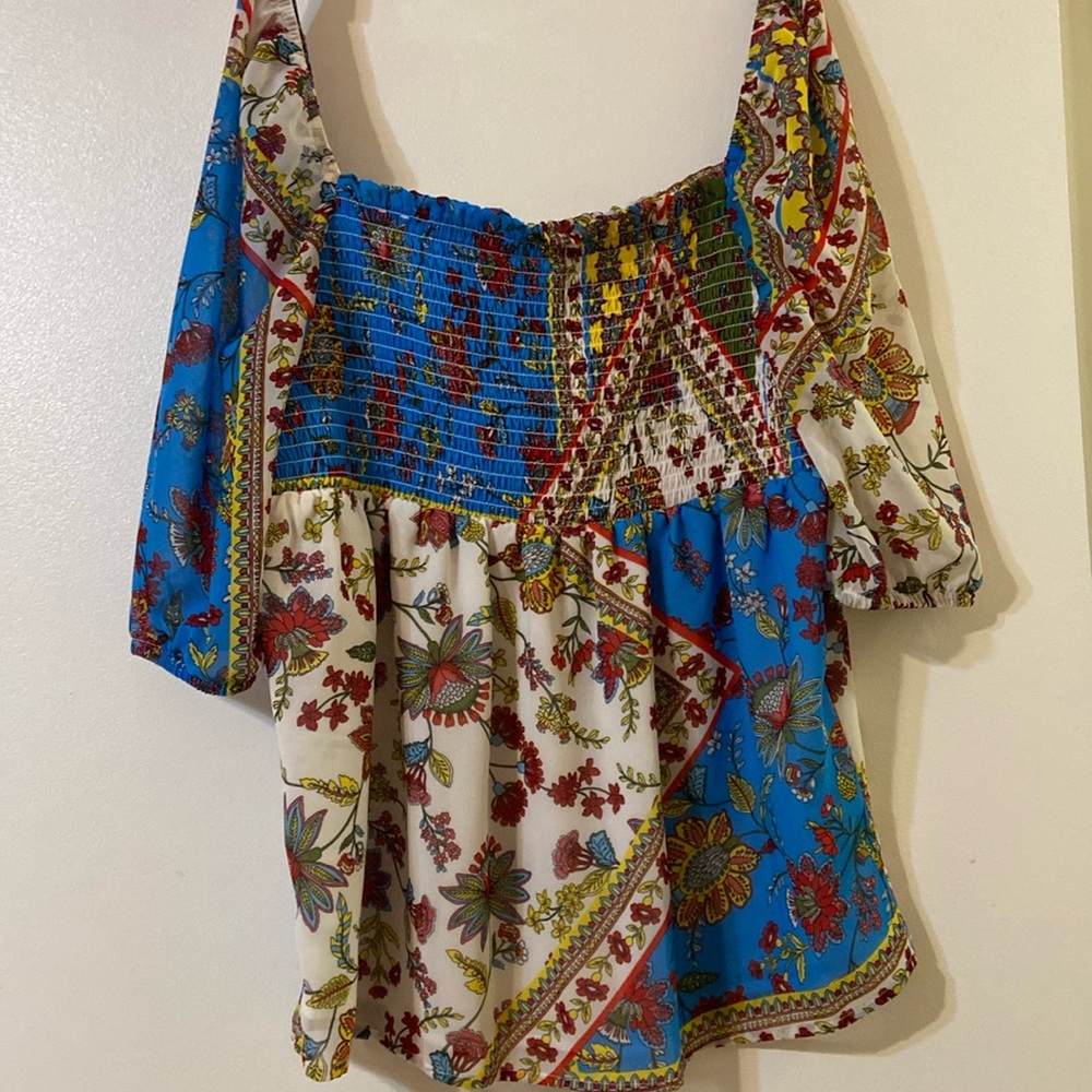NWT CALVIN KLEIN MEDIUM SMOCKED COLORFUL TOP BLOUSE PEASANT BOHO FESTIVAL FLORAL